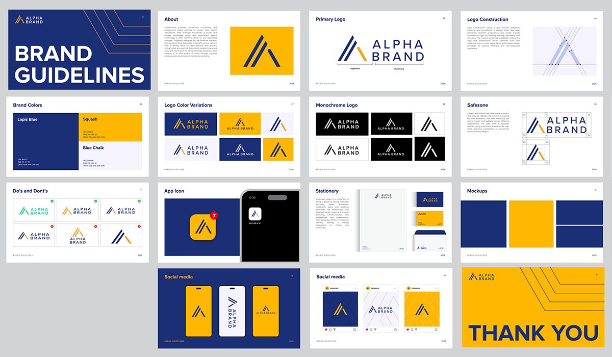 Stock photo illustration of brand guidelines, including logo types, brand colors and a "Thank You" slide.