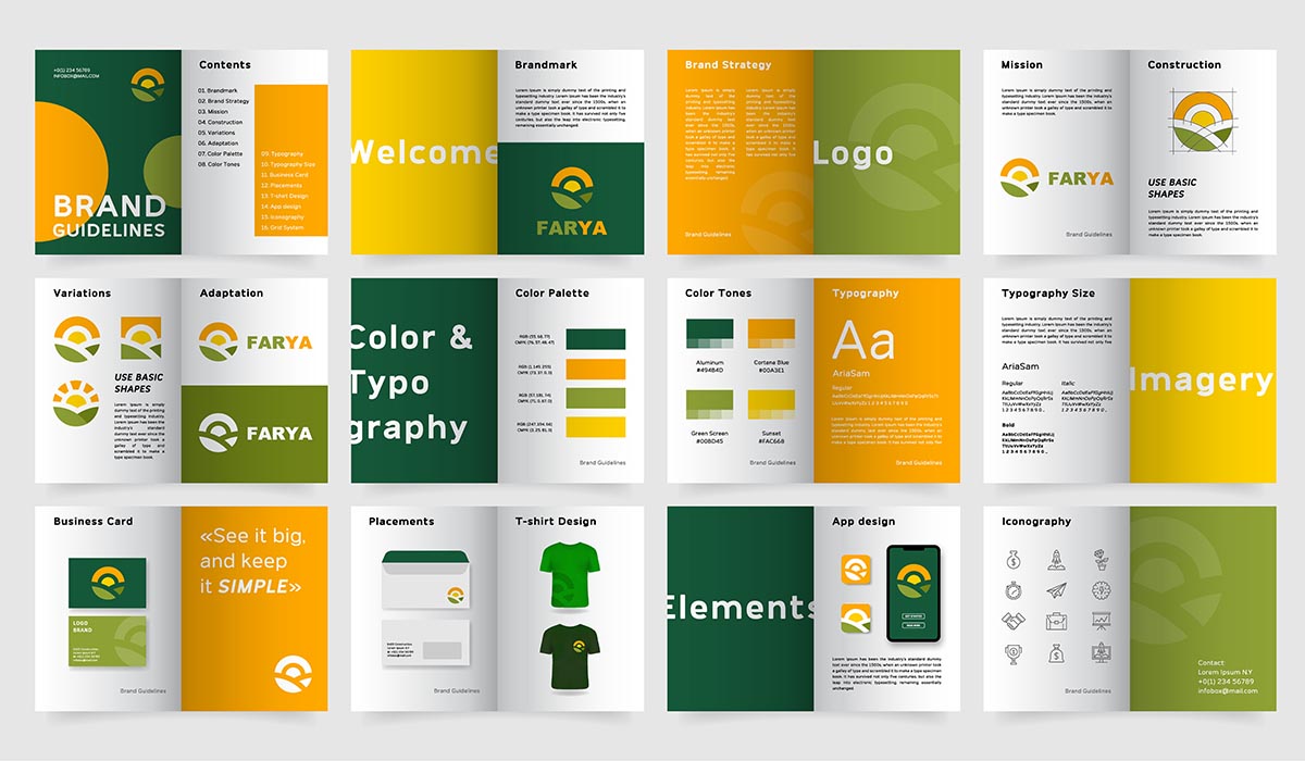 A stock image of generic brand guidelines. Highlighted elements include logos, color and typography and imagery.