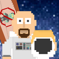 Pixel art illustration of a goateed, bald man in a spacesuit with his helmet removed. In the background is an illustration of a green man with a red "no" circle superimposed