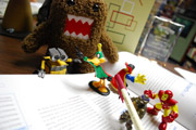 action figures on desk